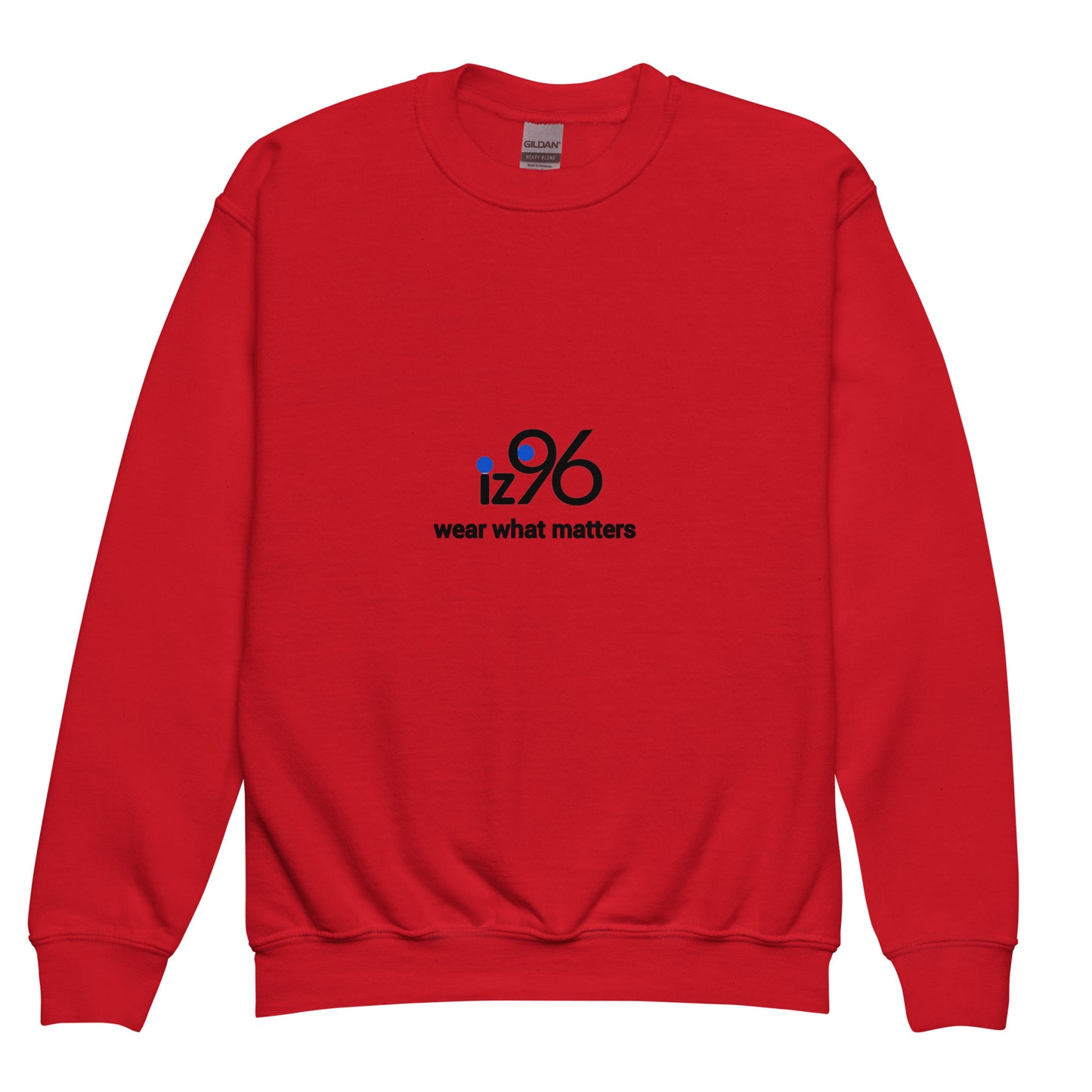 Red sweatshirt with a logo and text on a white background