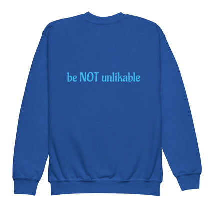 Blue sweatshirt with text on the back against a white background