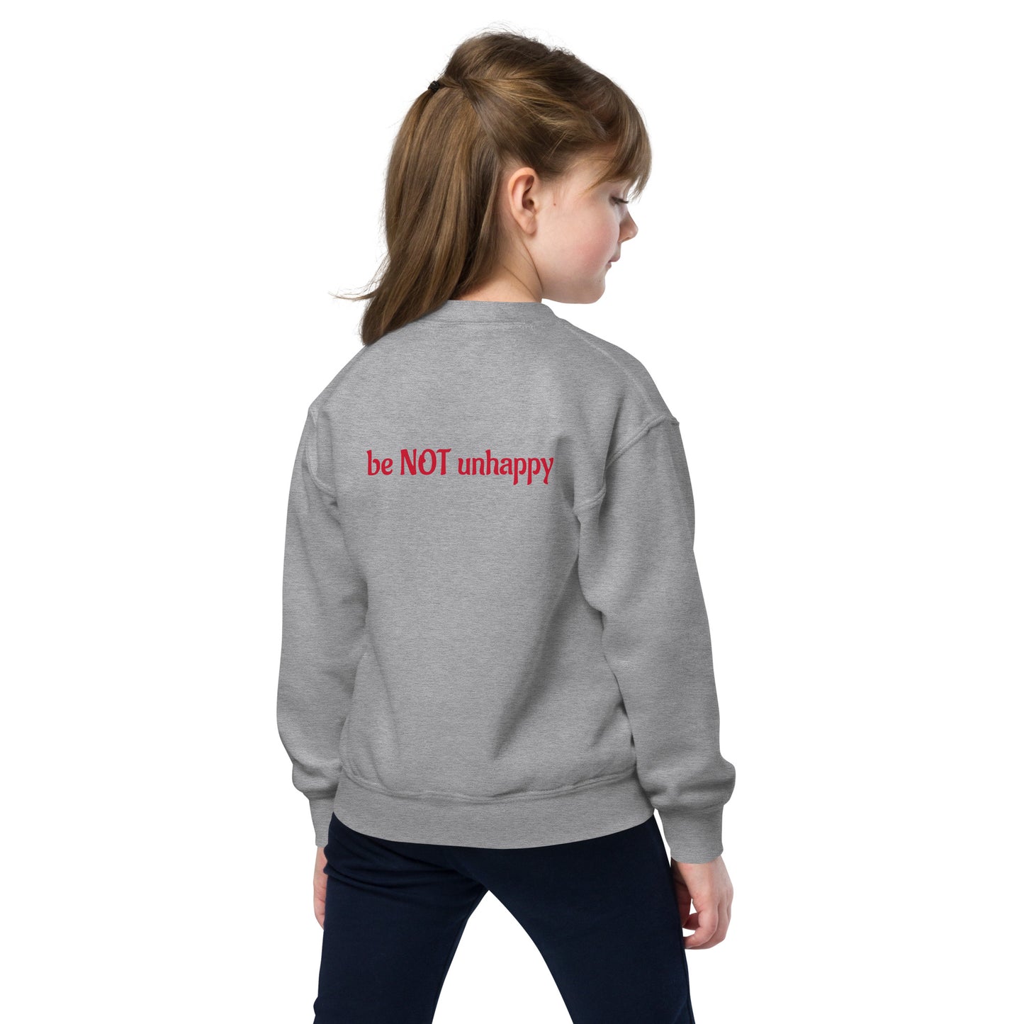 Child wearing a gray sweatshirt with 'be NOT unhappy' text on the back, on a white background