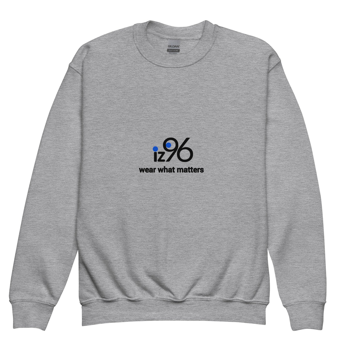 Gray sweatshirt with 'iz96 wear what matters' logo on a white background