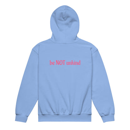 Light blue hoodie with 'be NOT unkind' text in pink on a white background