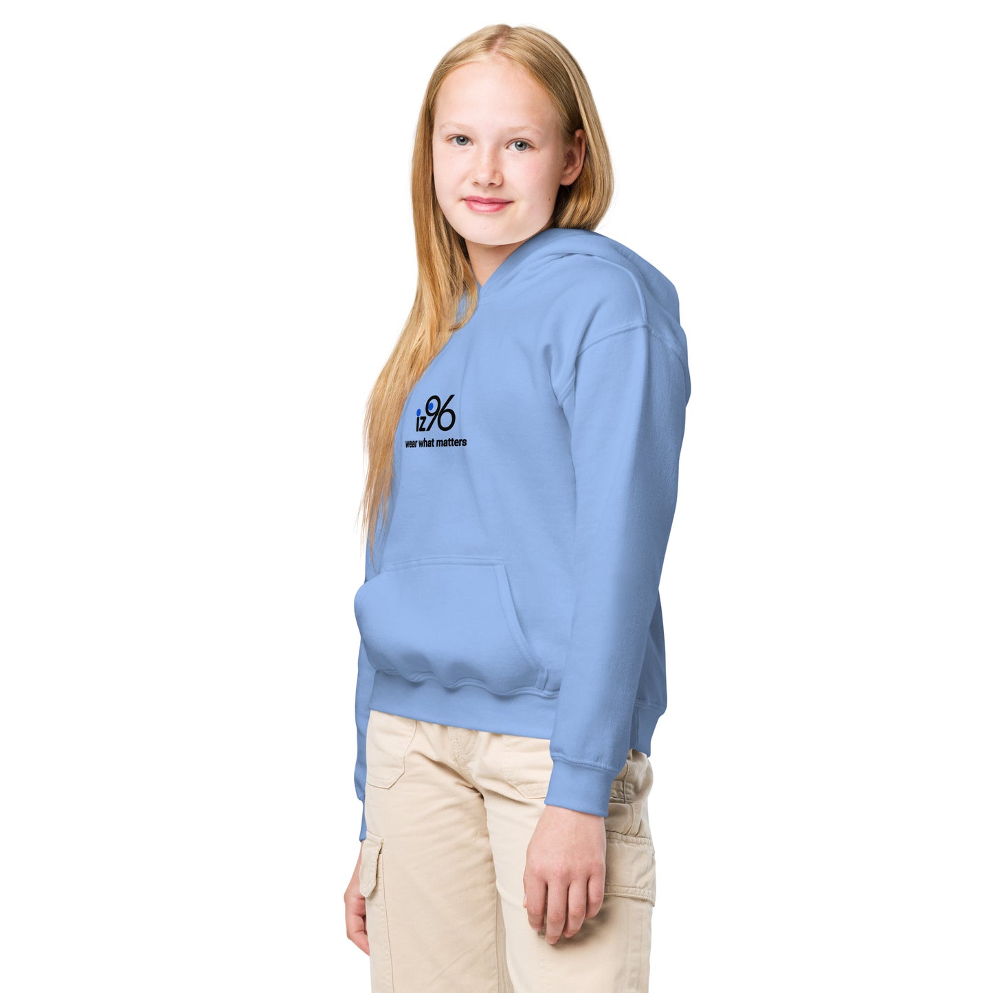 Girl wearing a light blue hoodie with a logo on a white background