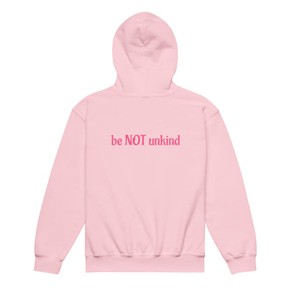 Pink hoodie with 'be NOT unkind' text on a white background