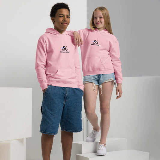 Two children wearing pink hoodies with 'iz96 wear what matters' logo design on a white background