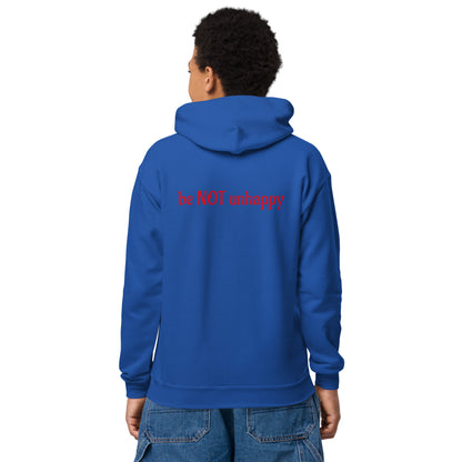 Person wearing a blue hoodie with 'be NOT unhappy' text on the back, on a white background