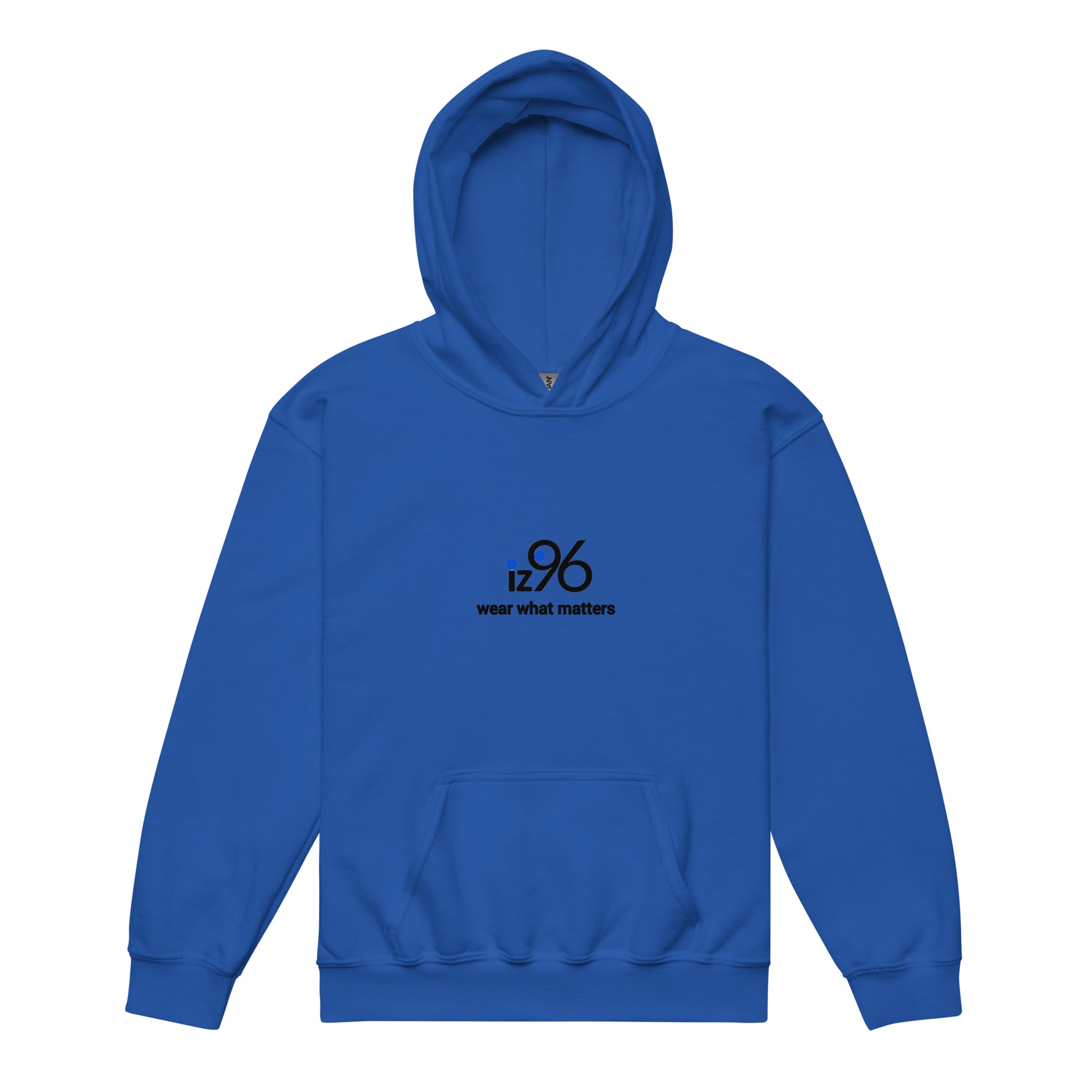 Blue hoodie with a logo and text on a white background