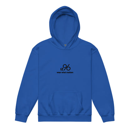 Blue hoodie with a logo and text on a white background