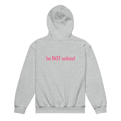 Gray hoodie with 'be NOT unkind' text in pink on a white background