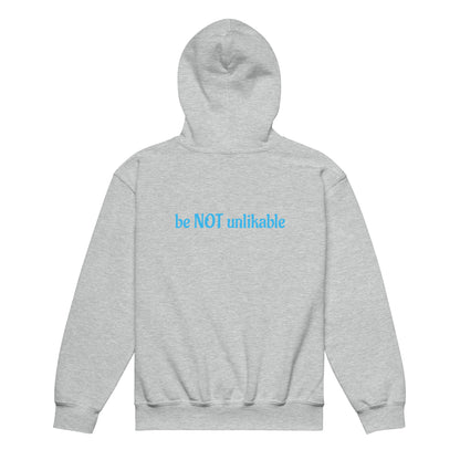 Gray hoodie with 'be NOT unlikable' text on a white background