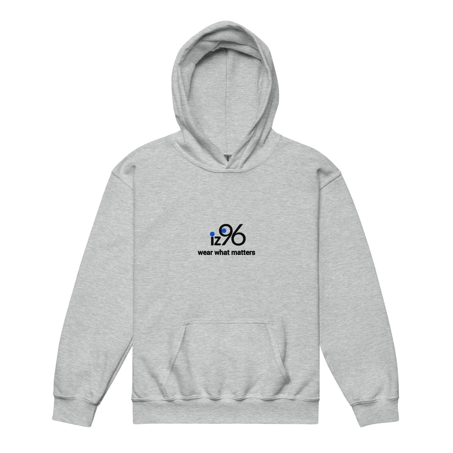 Gray hoodie with 'iz96 wear what matters' logo on a white background