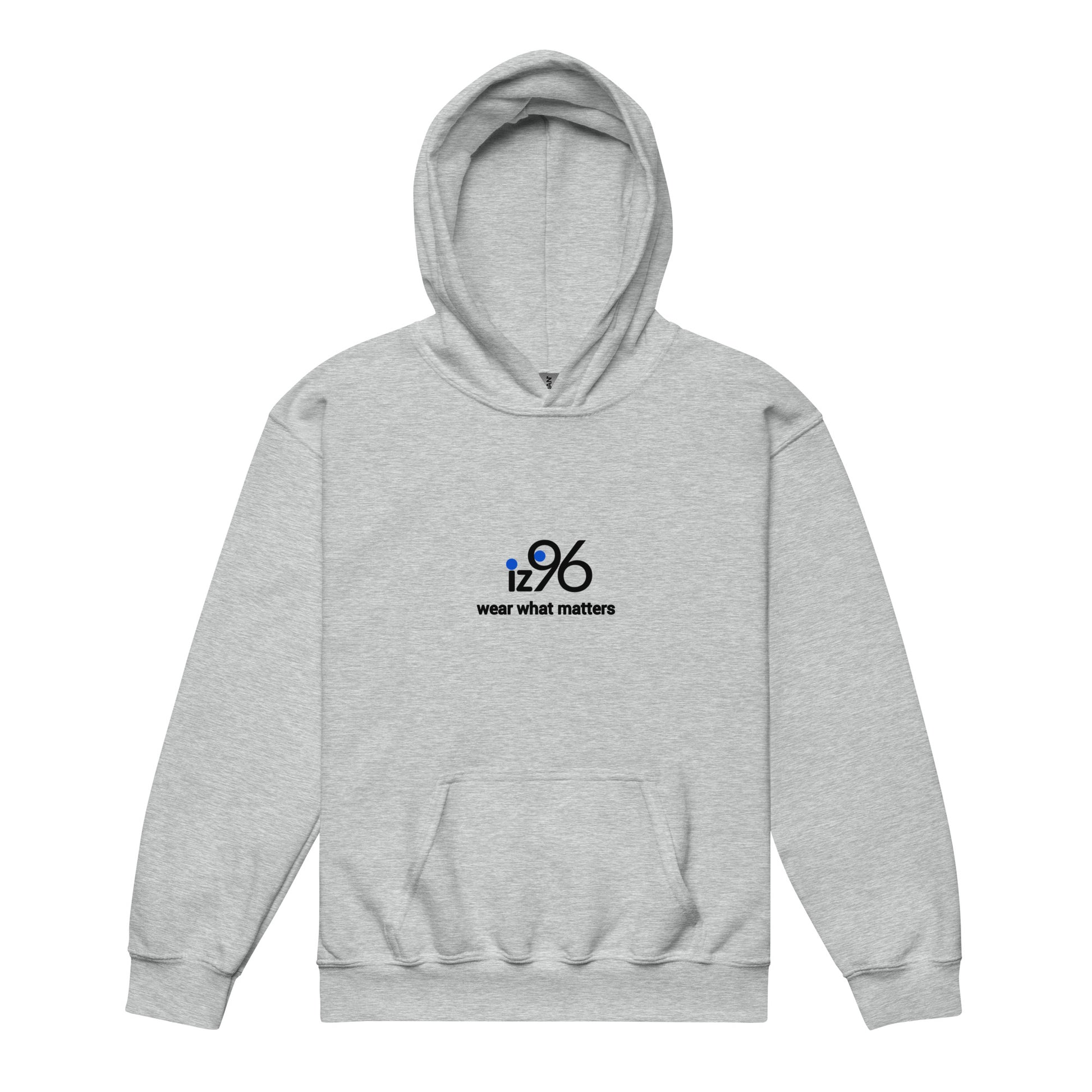 Gray hoodie with 'iz96 wear what matters' logo on a white background
