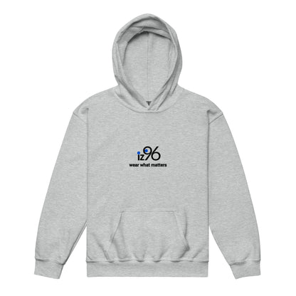 Gray hoodie with 'iz96 wear what matters' logo on a white background