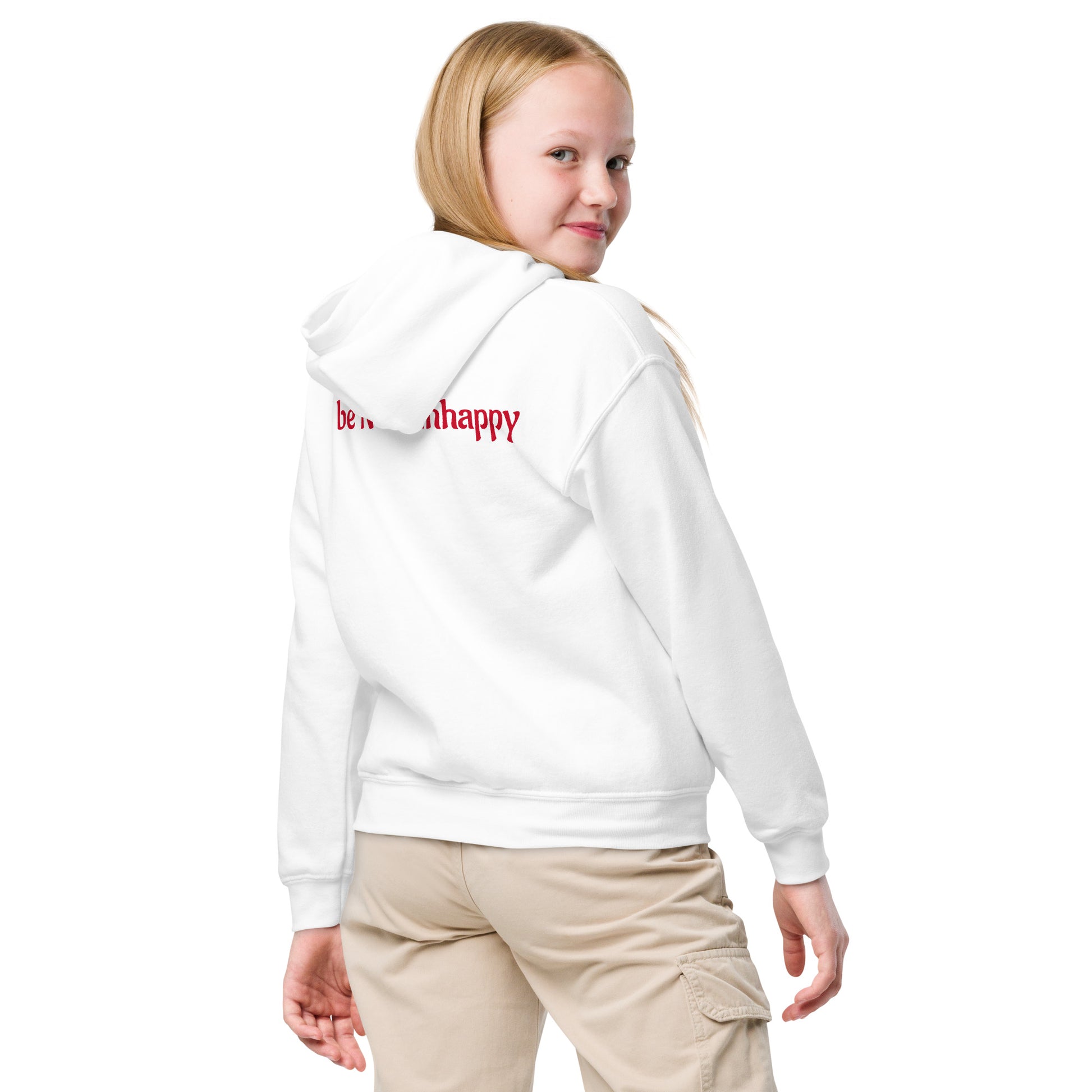 Person wearing a white hoodie with text on the back, standing against a white background