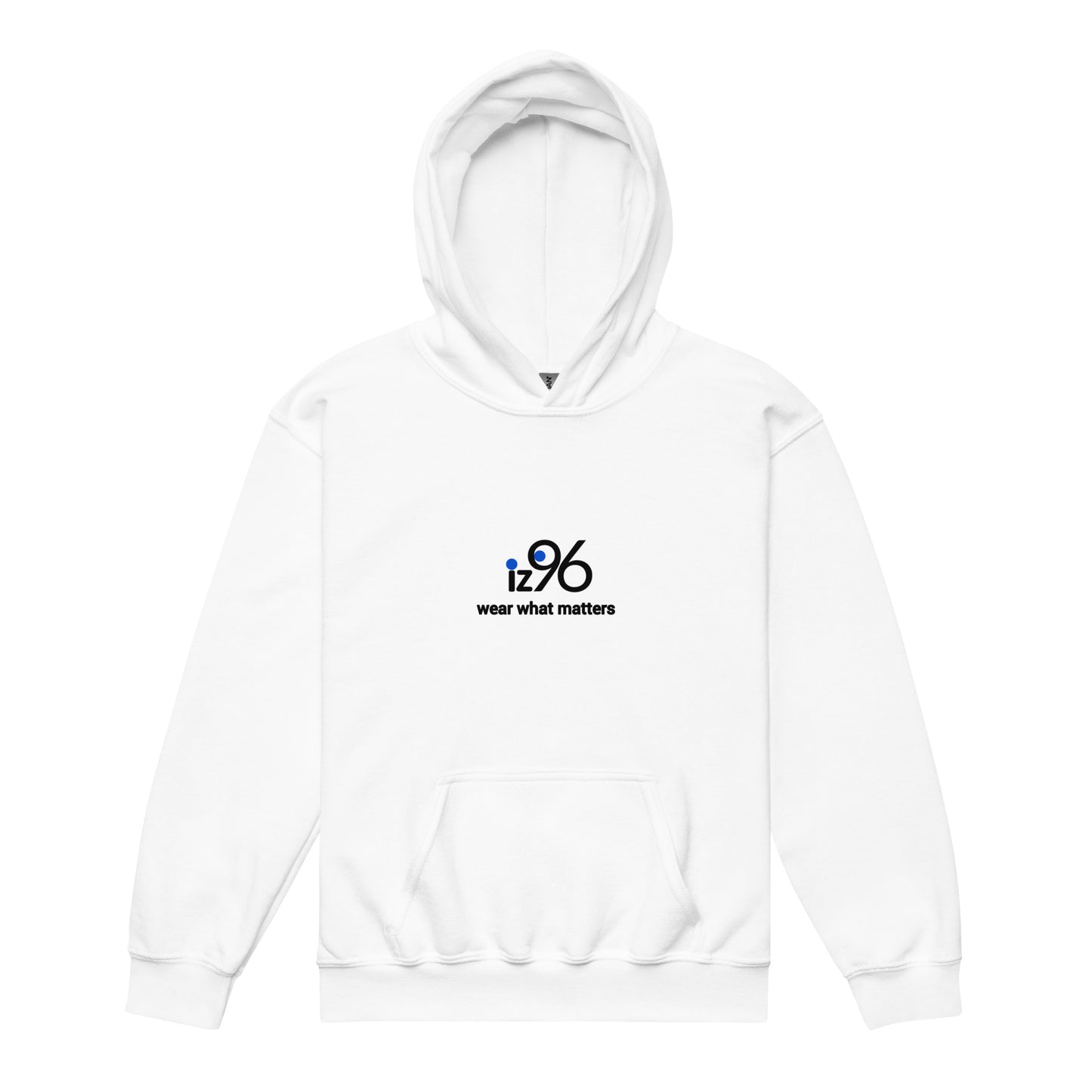 White hoodie with a logo and text on a white background