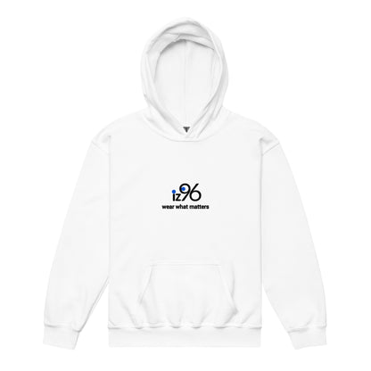 White hoodie with a logo and text on a white background