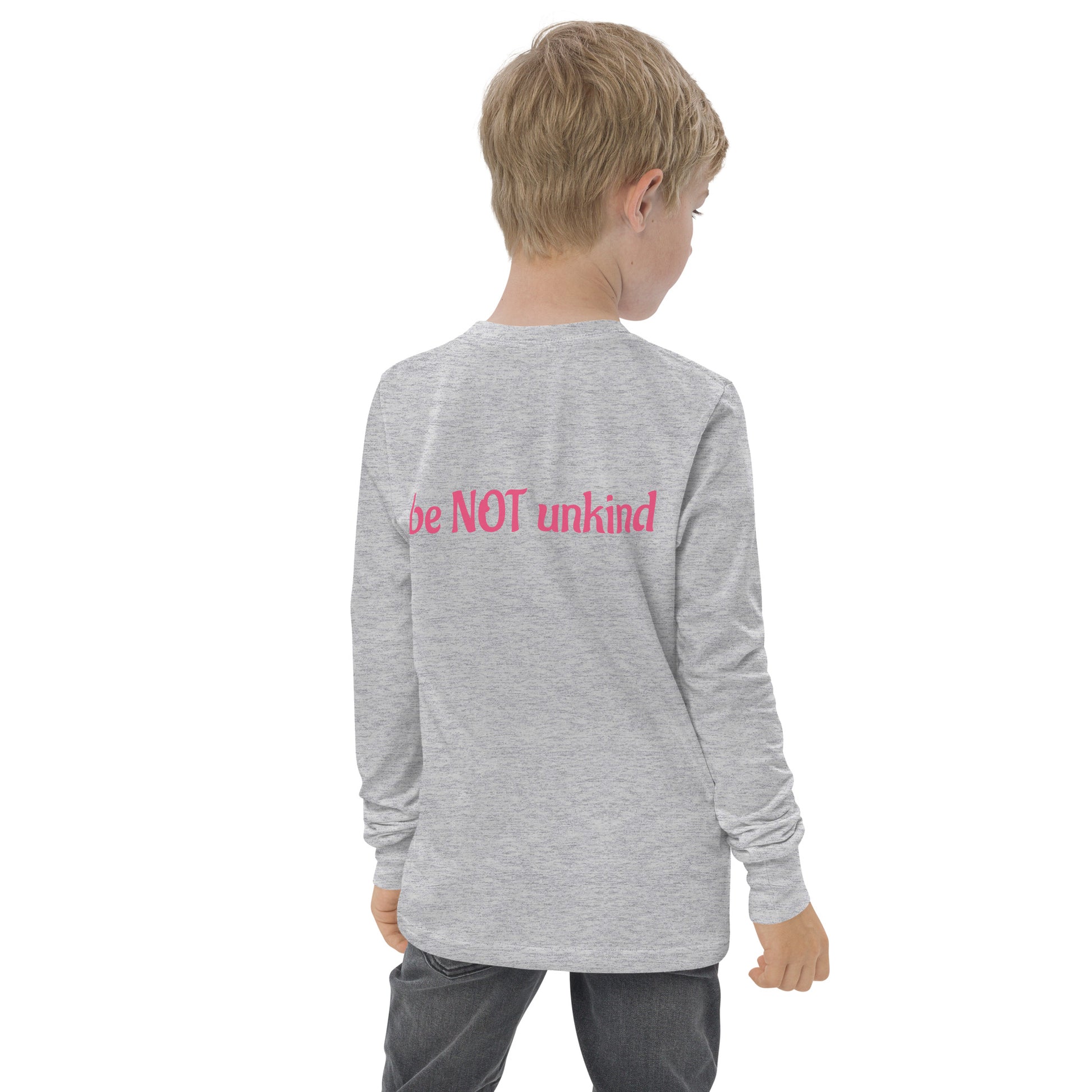 Child wearing a gray long-sleeve shirt with text on the back