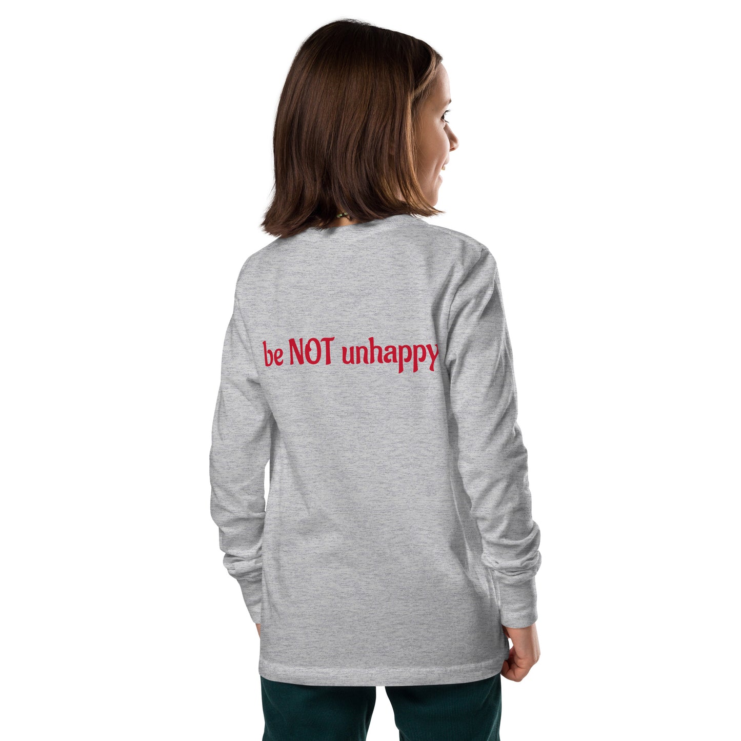Girl wearing long sleeve with text on a white background