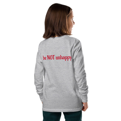 Girl wearing long sleeve with text on a white background