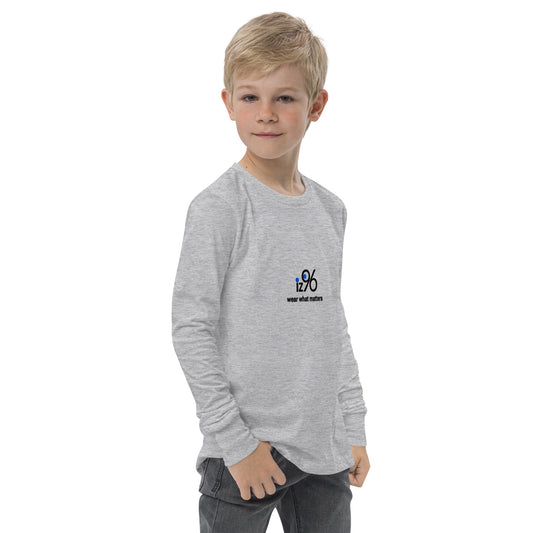 Child wearing a gray long-sleeve shirt with a logo on a white background