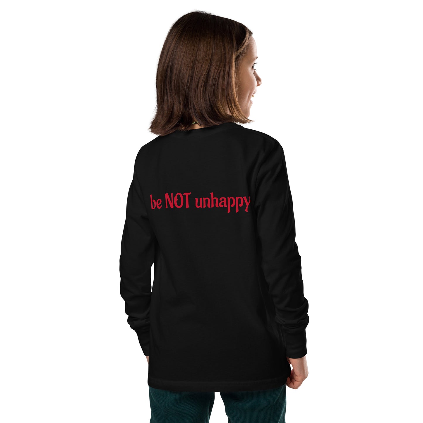 Girl wearing long sleeve with text on a white background