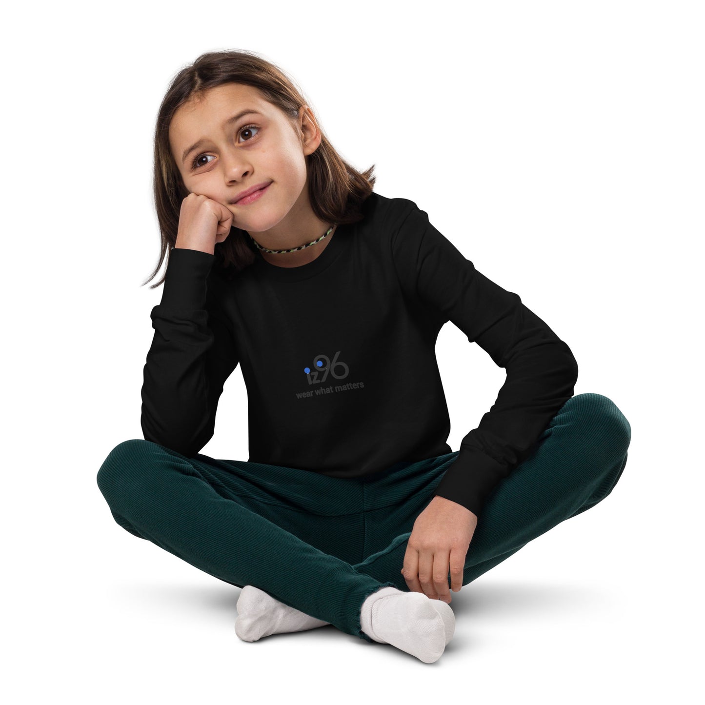 Girl wearing long sleeve with logo on a white background