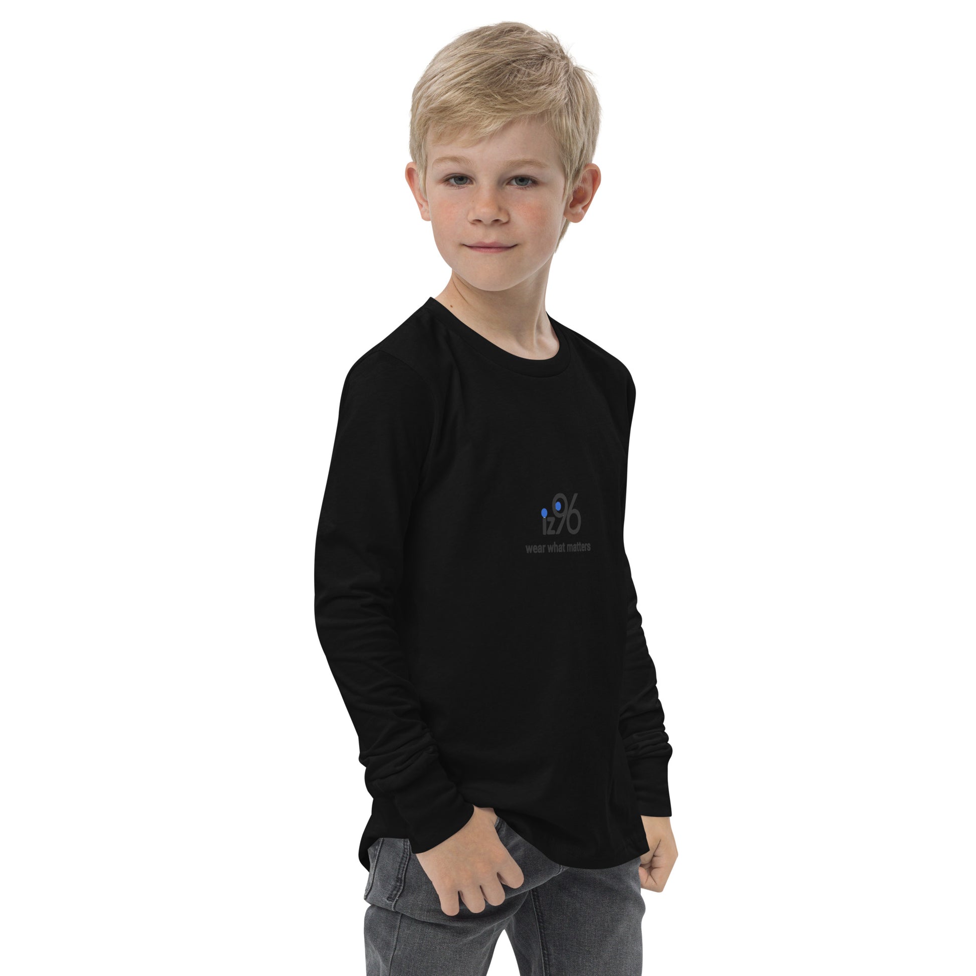 Boy wearing long sleeve with logo on a white background