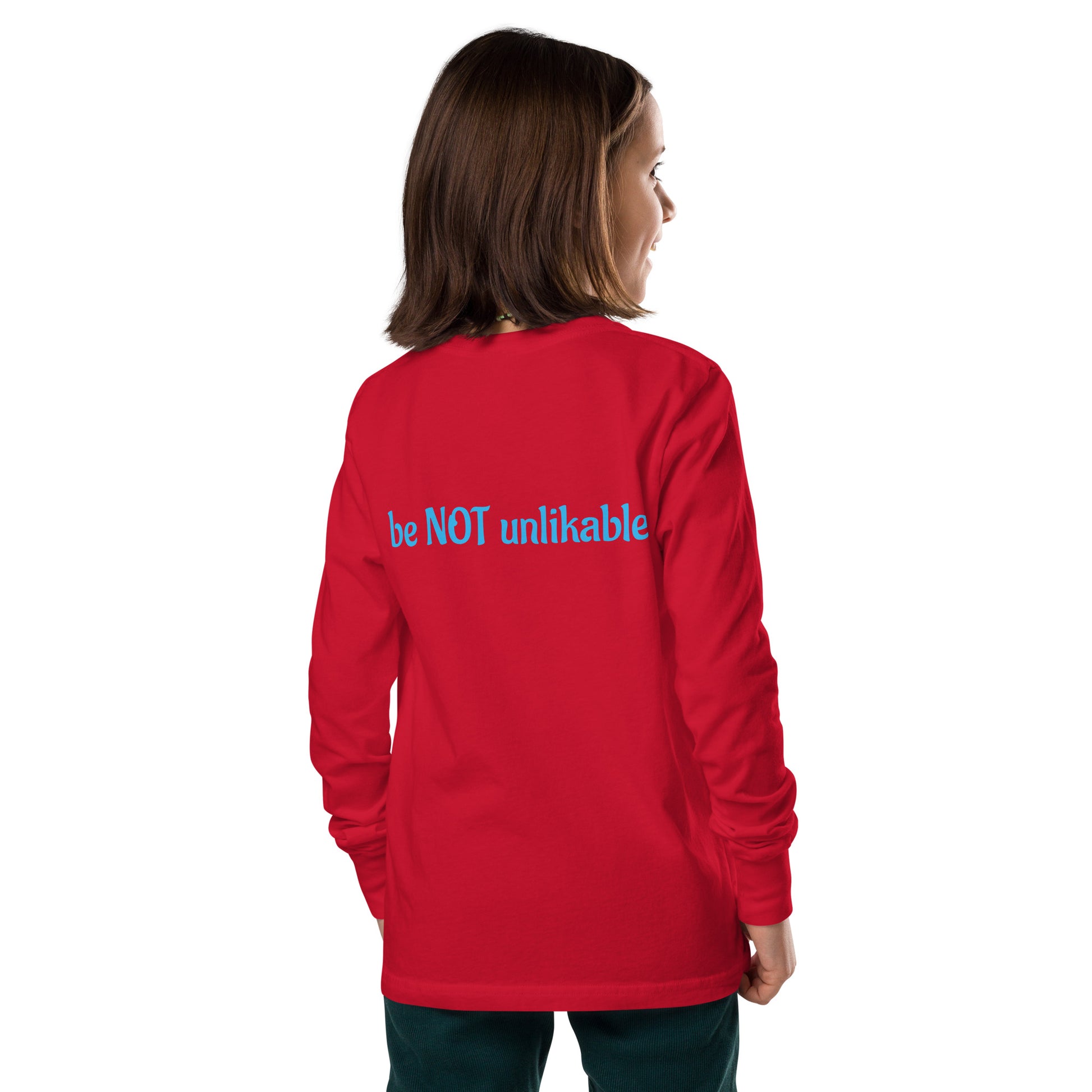 Person wearing a red long-sleeve shirt with text on the back, on a white background