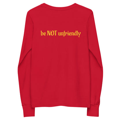 Red long-sleeve shirt with 'be NOT unfriendly' text on a white background