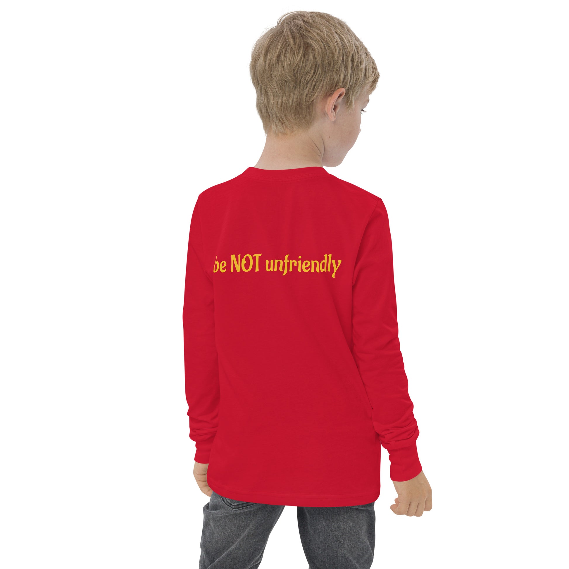 Child wearing a red long-sleeve shirt with 'be NOT unfriendly' text on the back against a white background