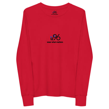 Red long-sleeve shirt with a logo and text on a white background