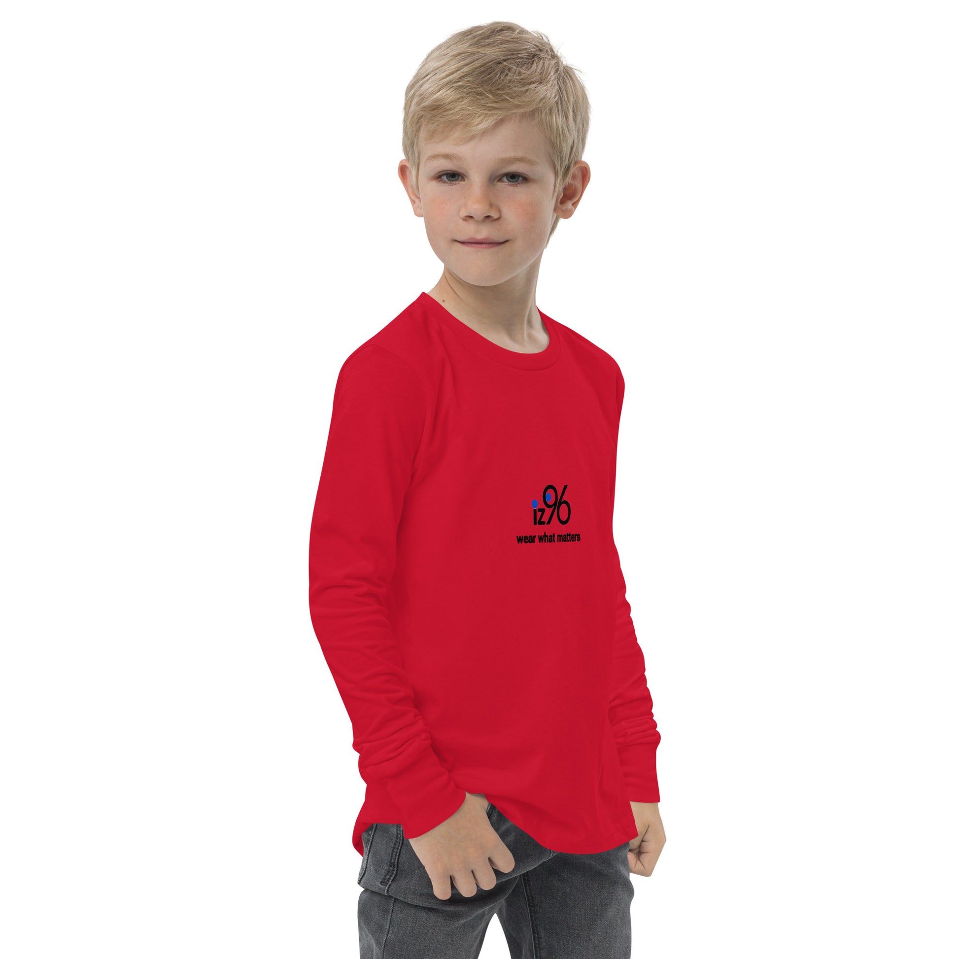 Child wearing a red long-sleeve shirt with a logo on a white background