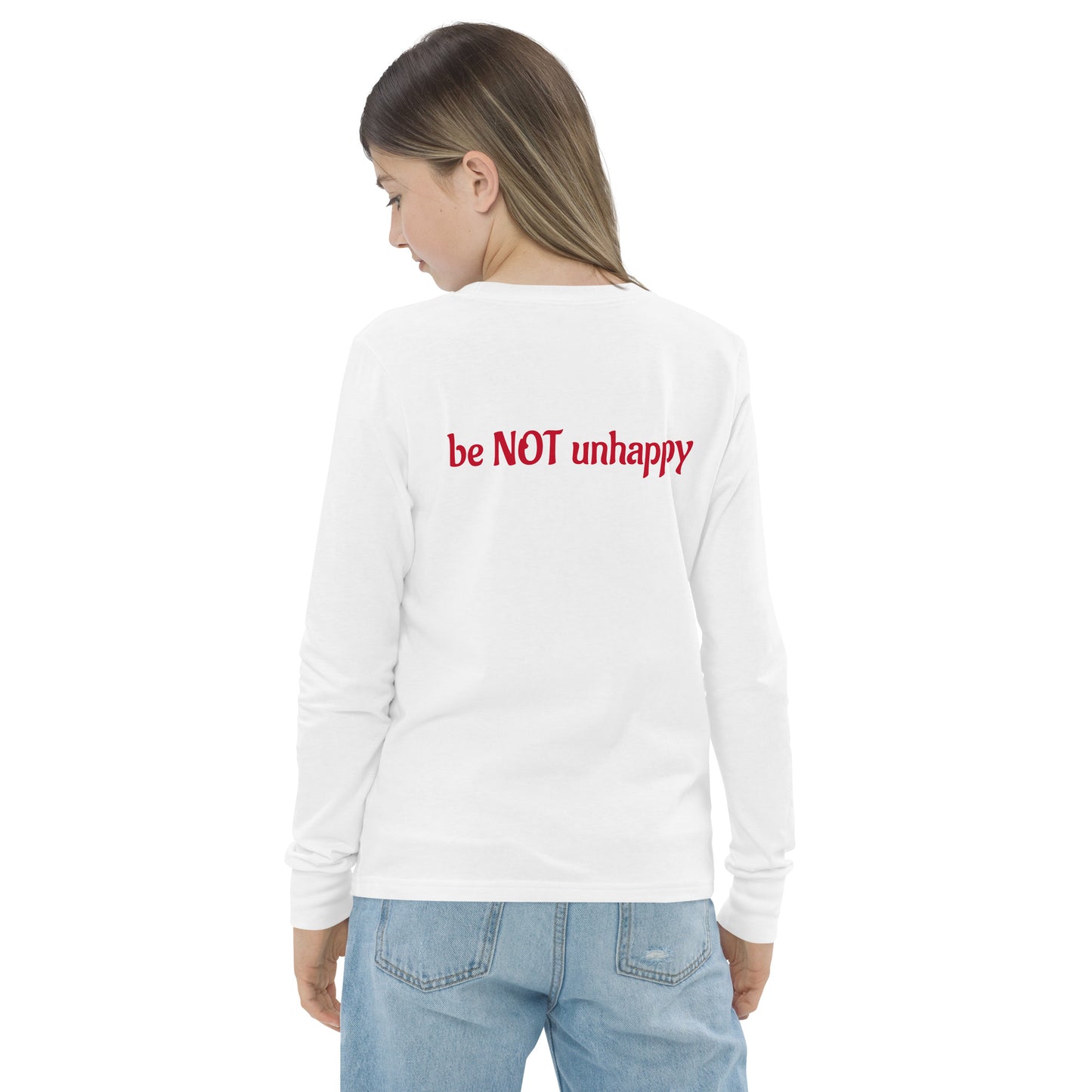 Girl wearing long sleeve with text on a white background