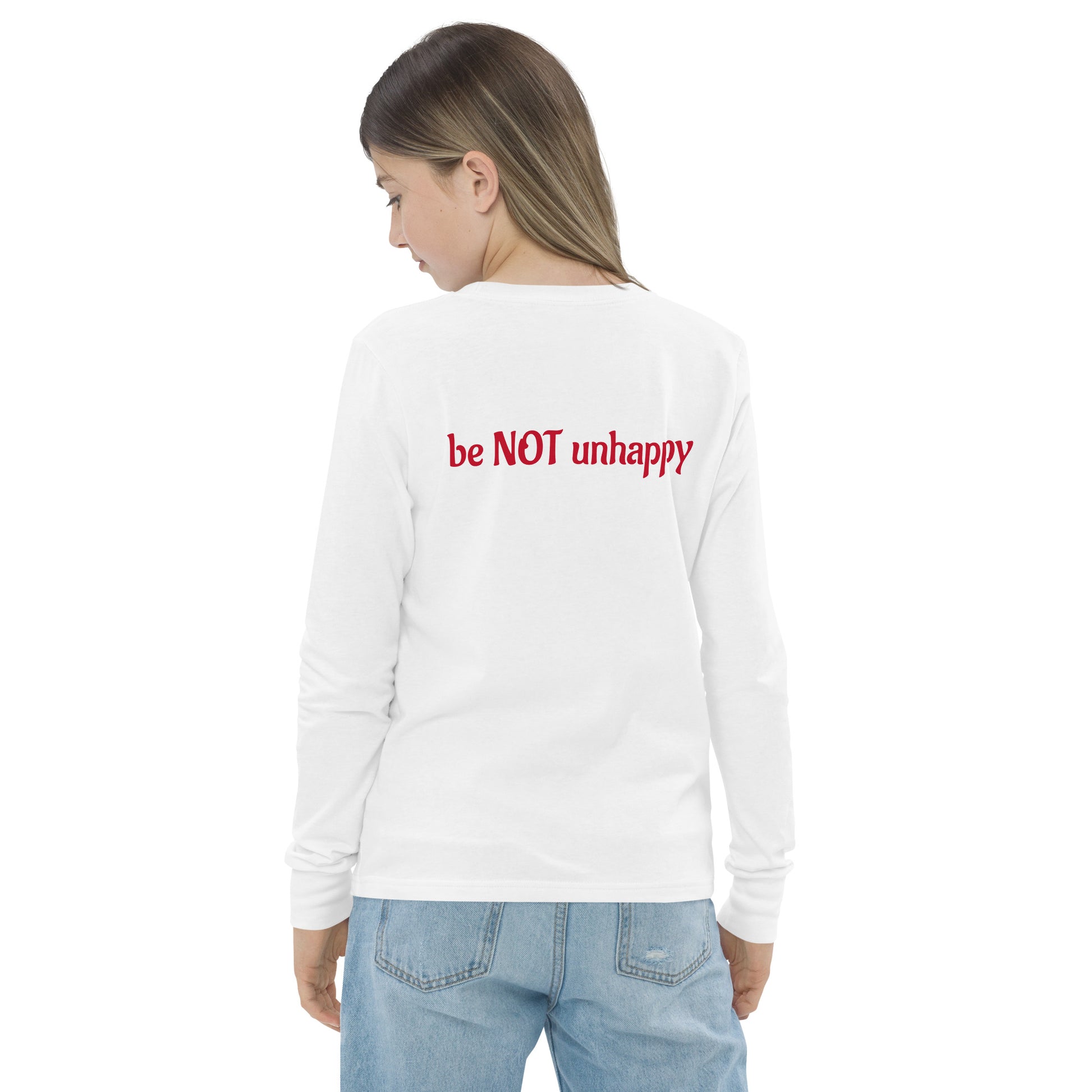 Girl wearing long sleeve with text on a white background