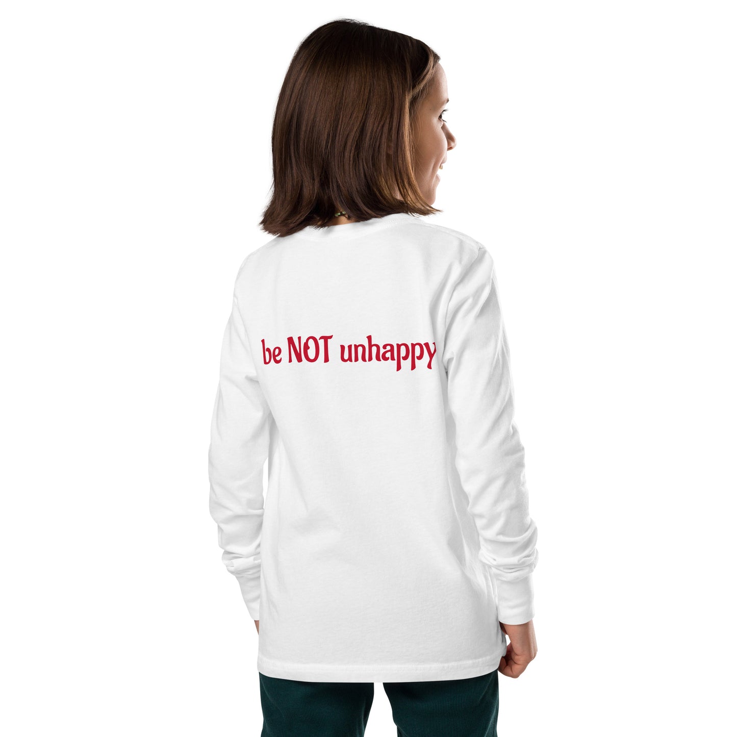 Girl wearing long sleeve with text on a white background