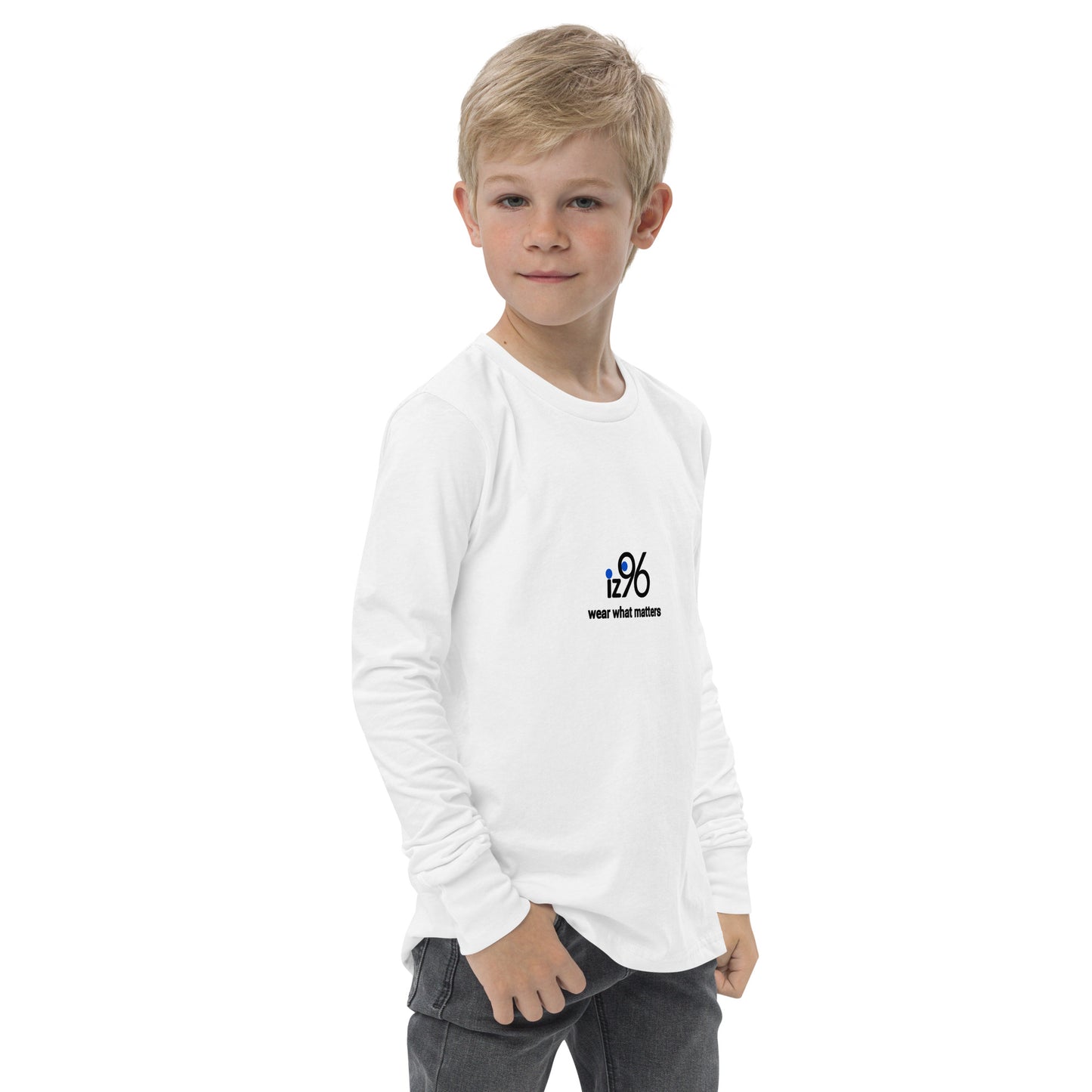 Child wearing a white long-sleeve shirt with a logo on a white background