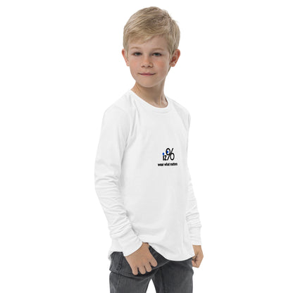 Child wearing a white long-sleeve shirt with a logo on a white background