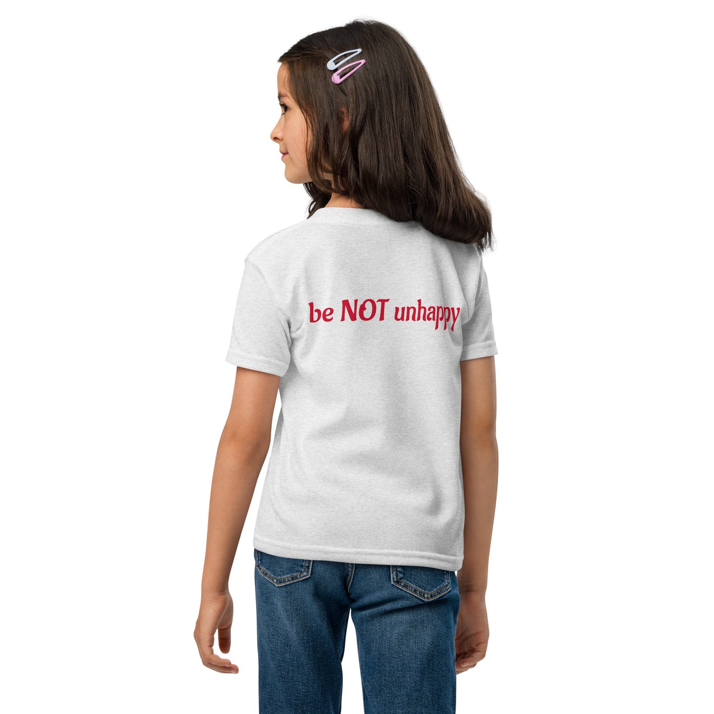 Girl wearing tshirt with text on a white background