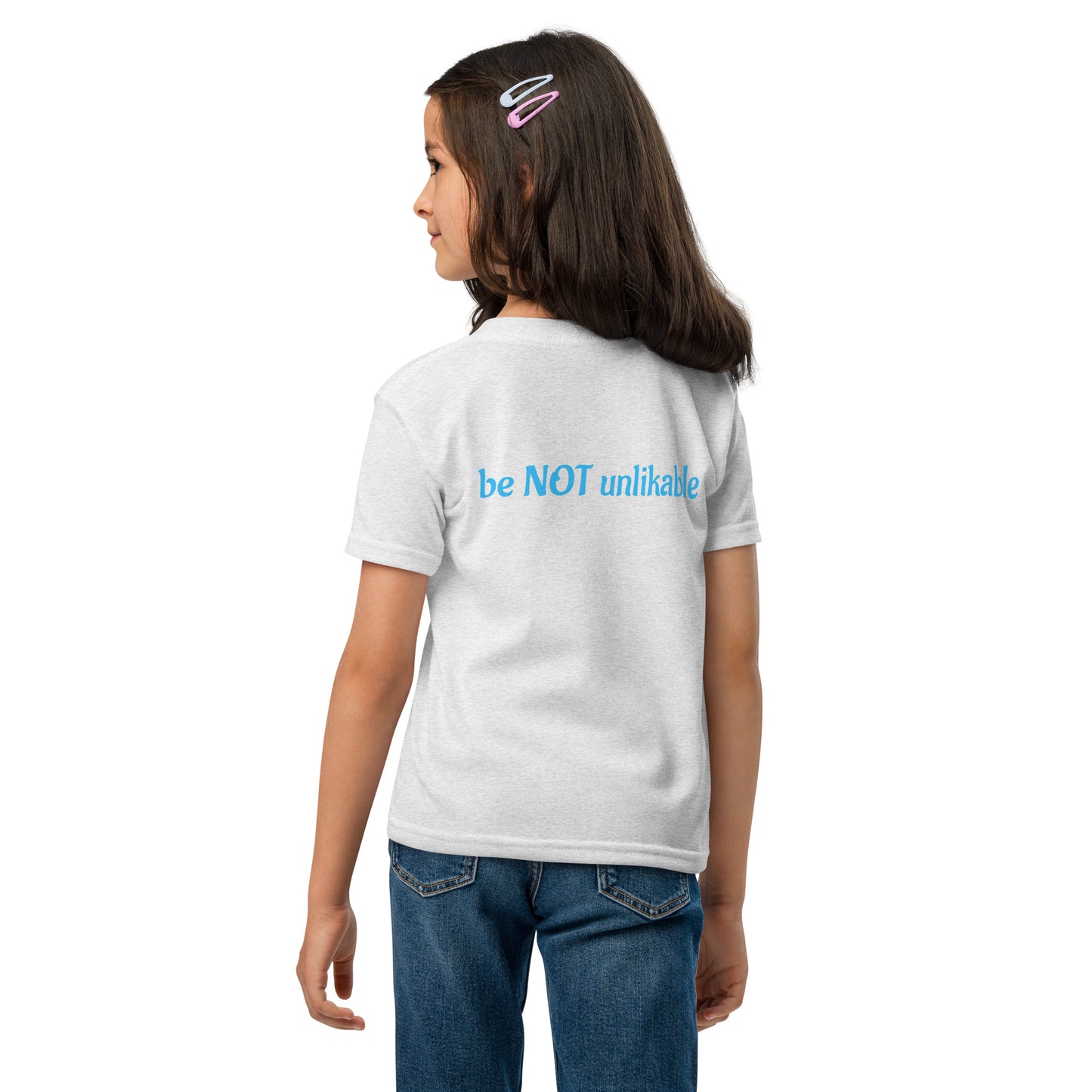 Girl wearing tshirt with text on a white background