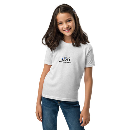 Girl wearing tshirt with text on a white background