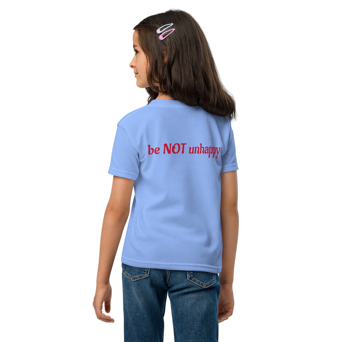 Girl wearing tshirt with text on a white background
