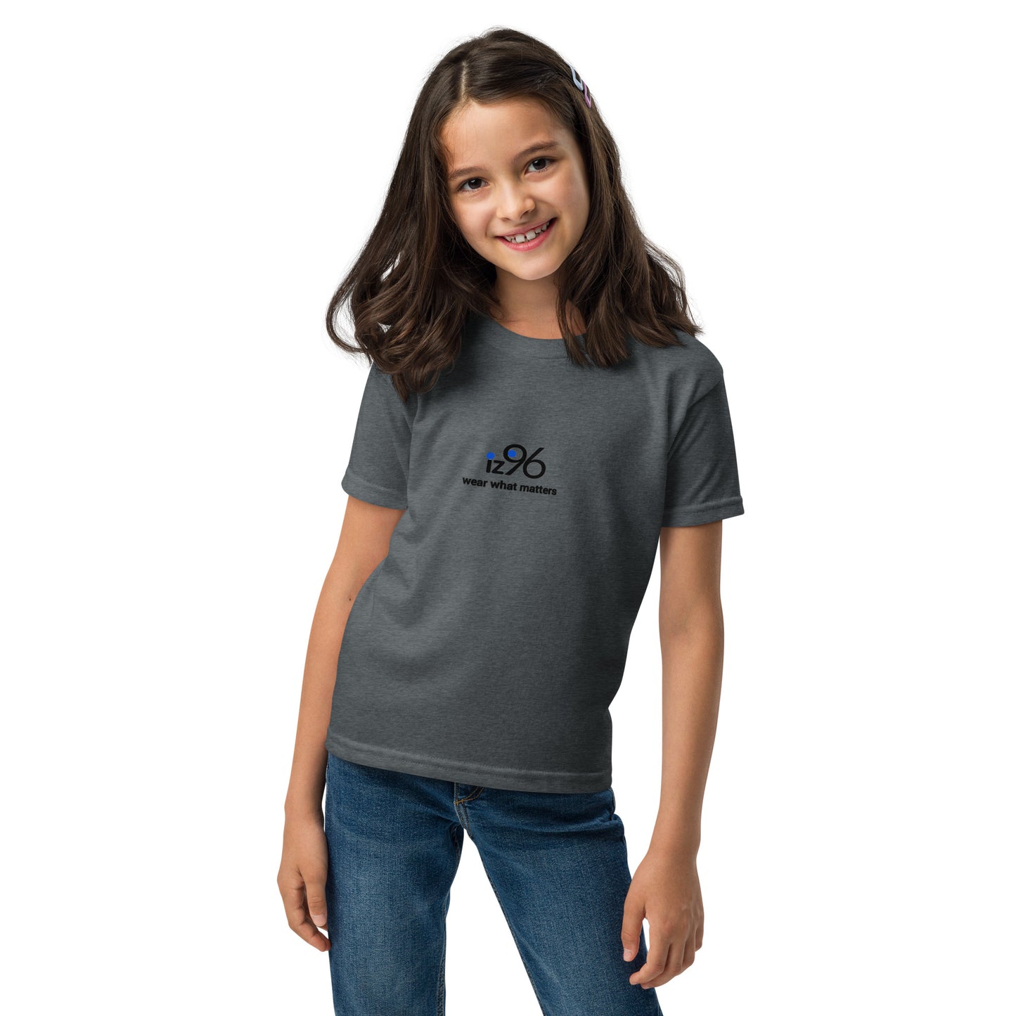 Girl wearing tshirt with logo on a white background