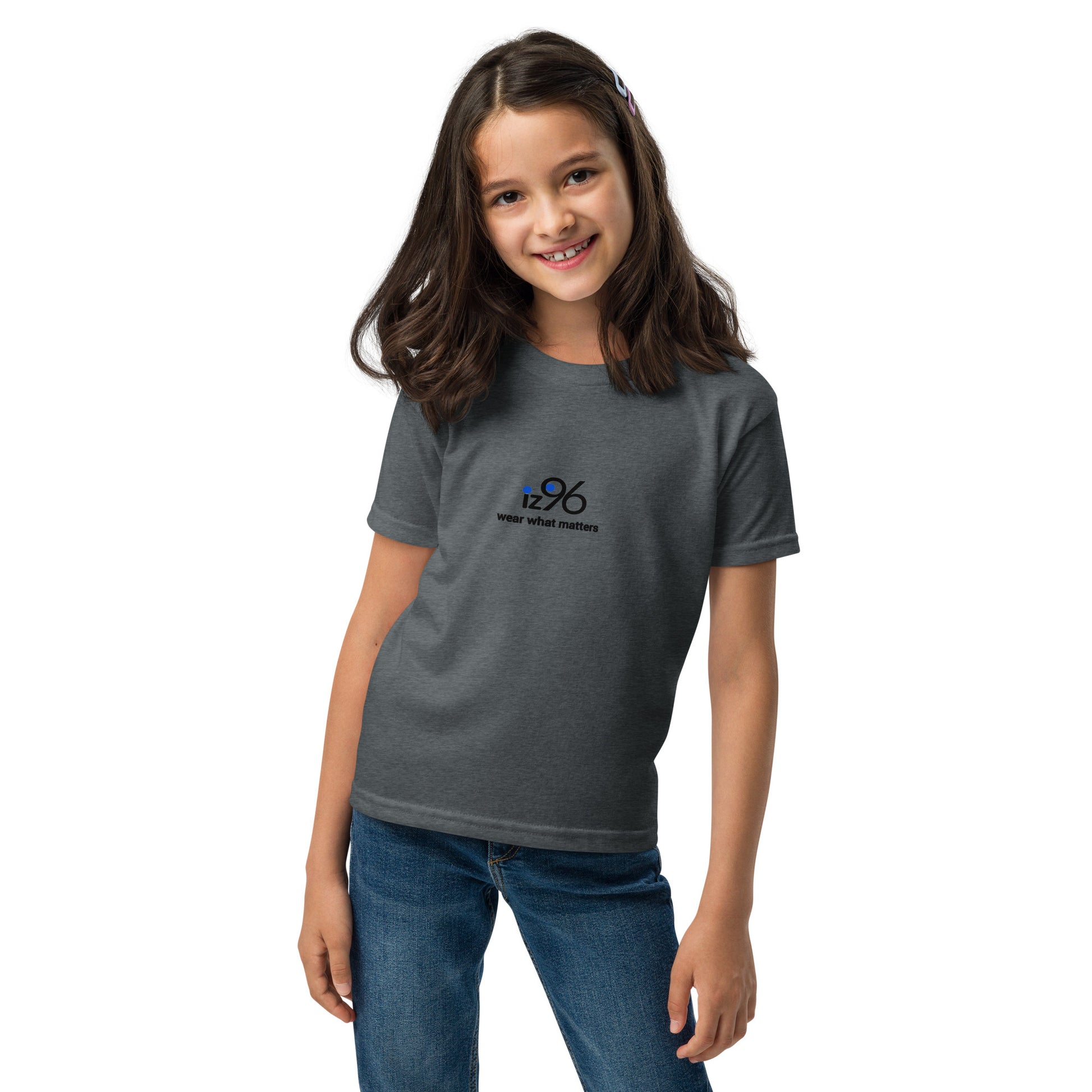 Girl wearing tshirt with logo on a white background