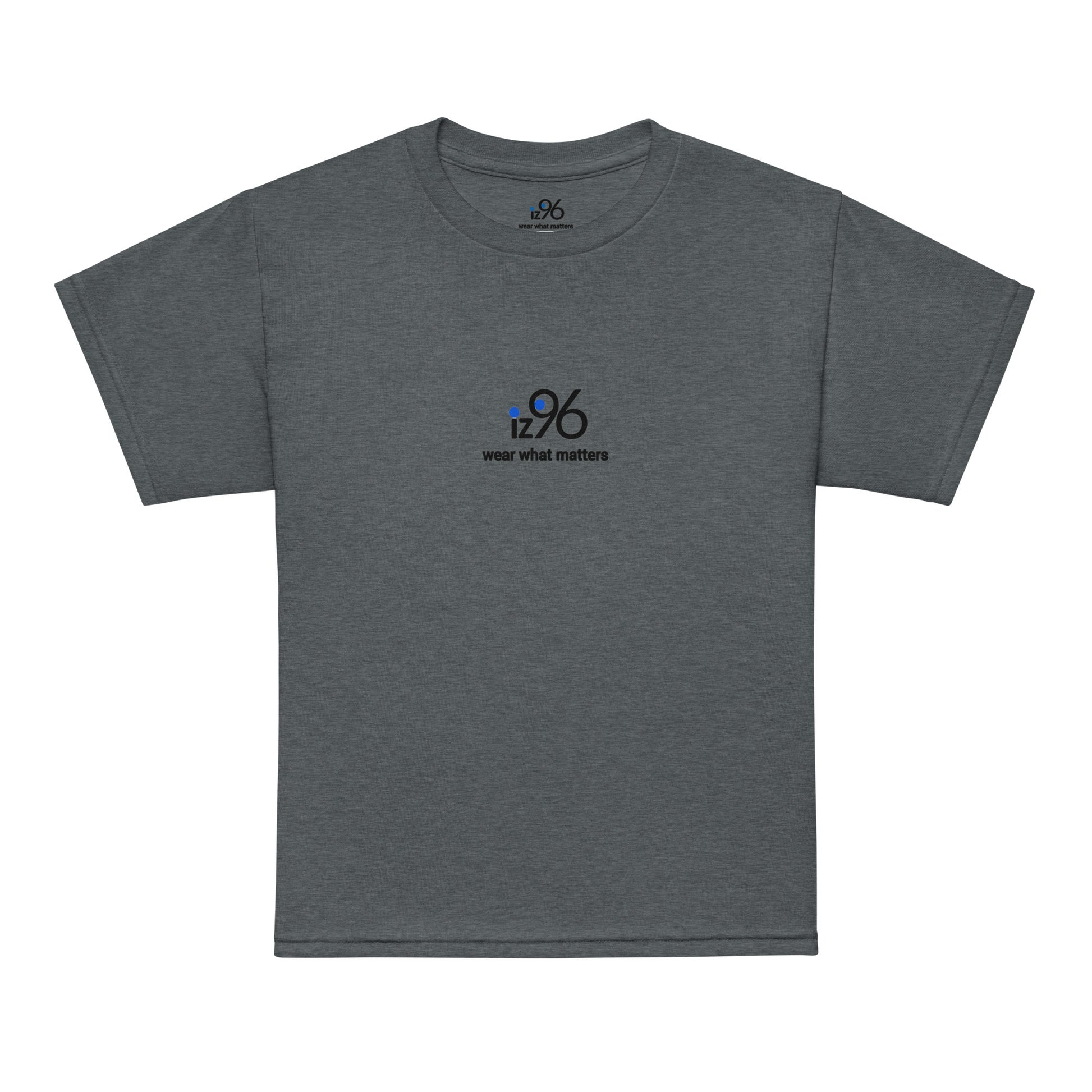 Gray t-shirt with 'wear what happens' text in colorful letters on a white background