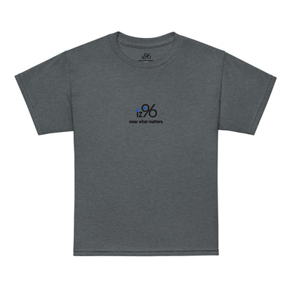 Gray t-shirt with 'wear what happens' text in colorful letters on a white background