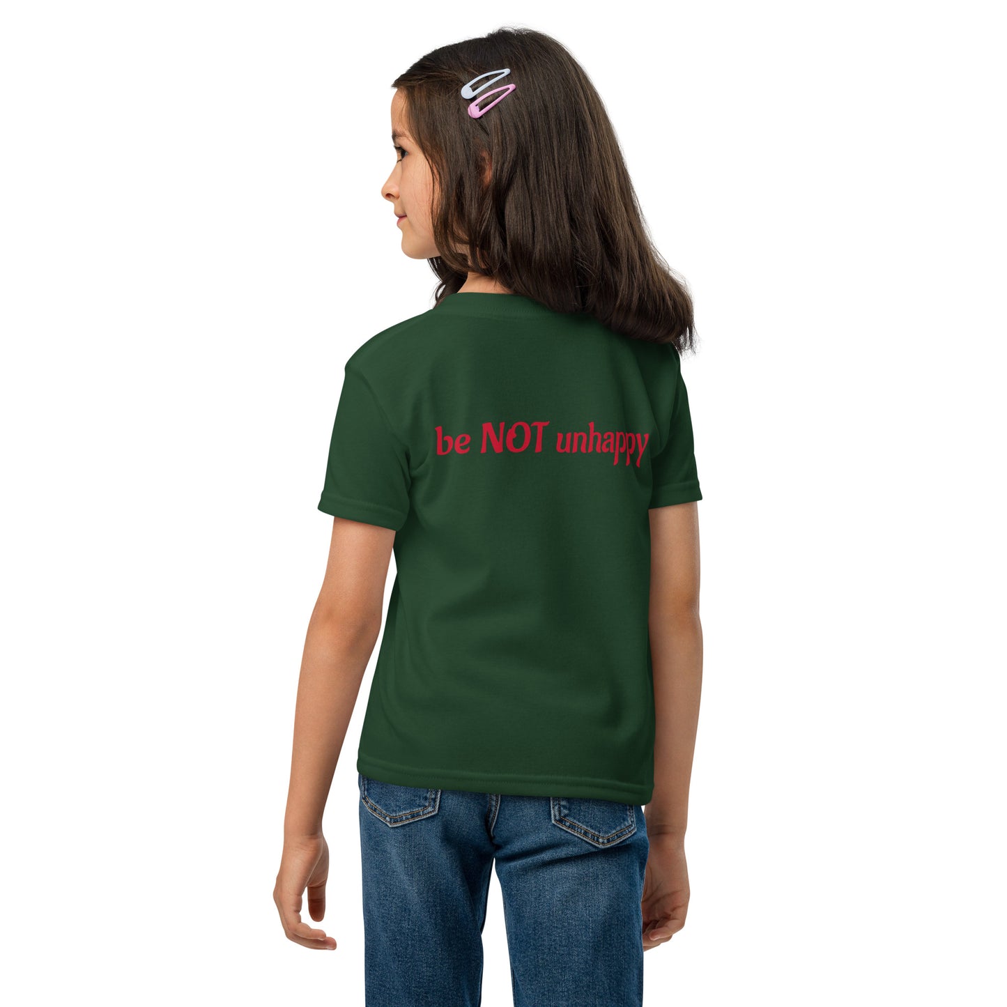 Girl wearing tshirt with text on a white background