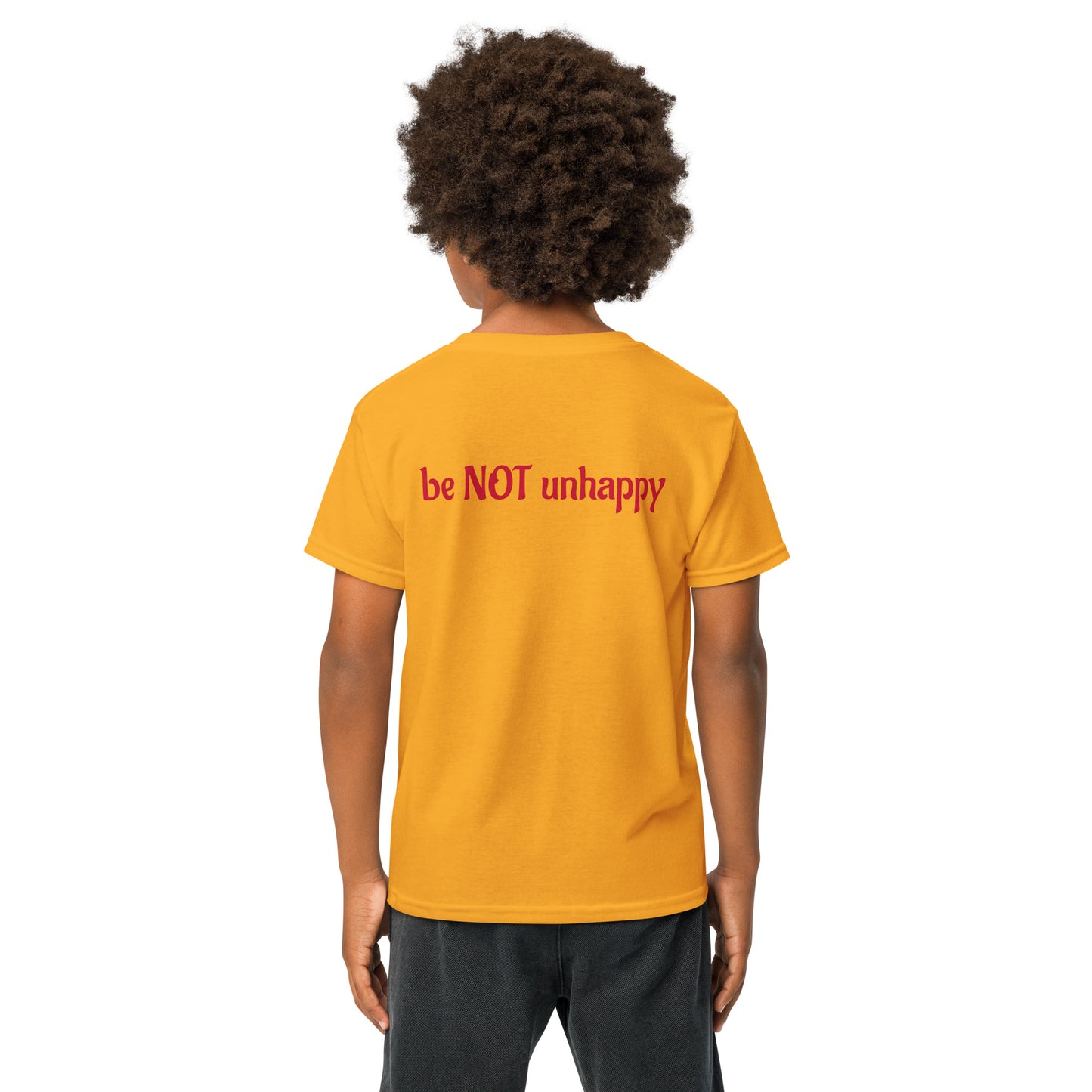 boy wearing tshirt with text on a white background