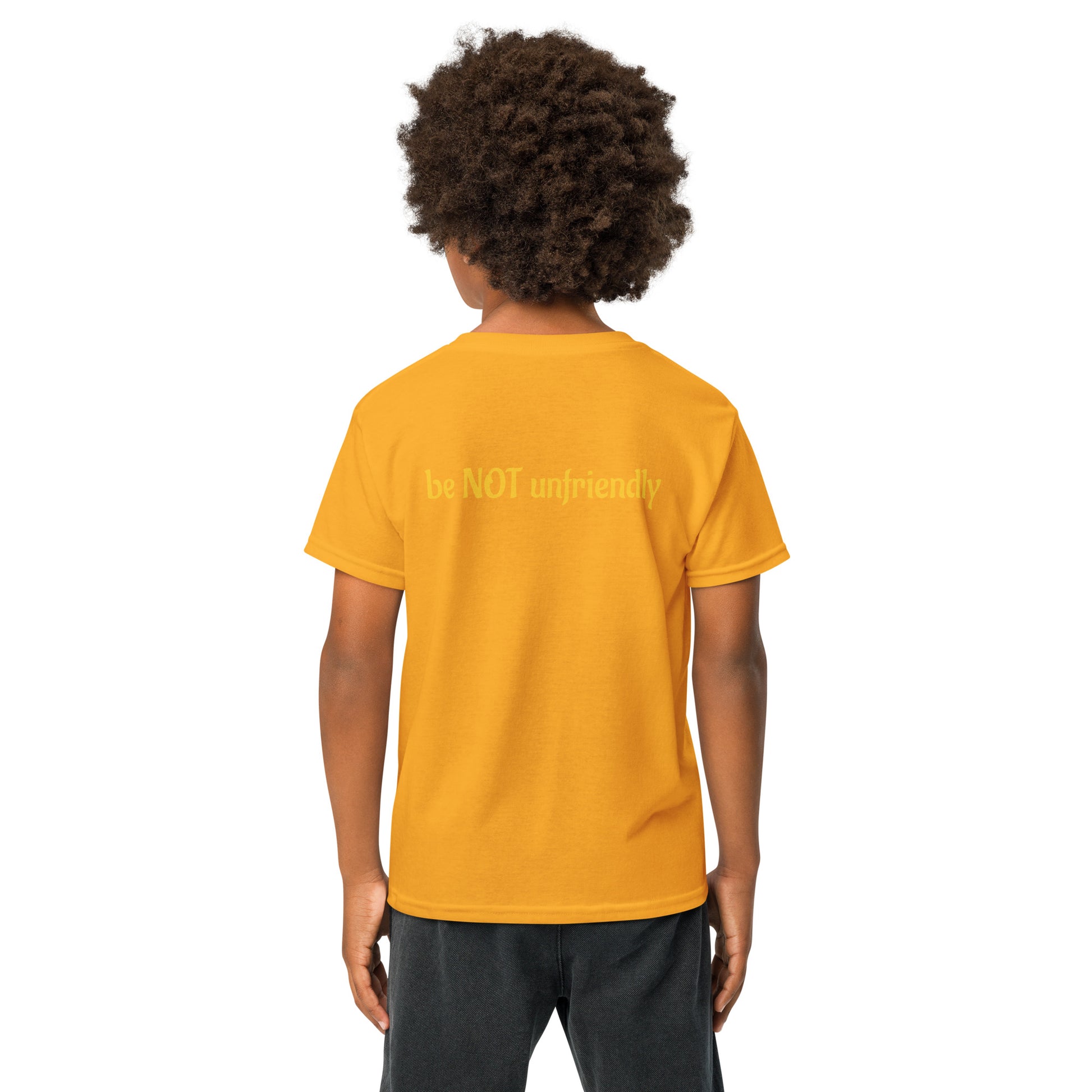 Person wearing a yellow t-shirt with text on the back, standing against a white background