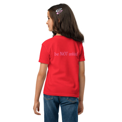 Girl wearing tshirt with be not unkind text on a white background