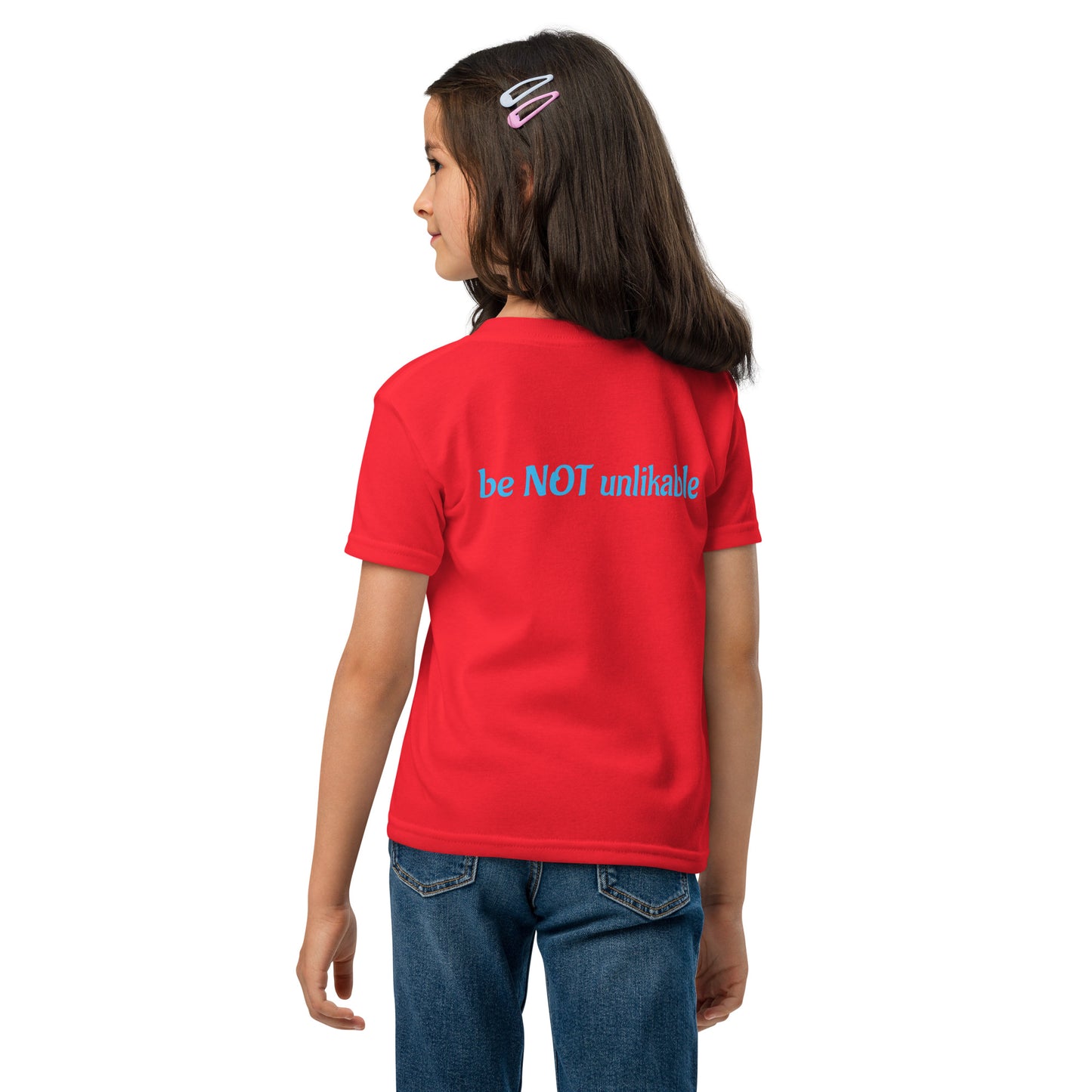 Girl wearing tshirt with text on a white background