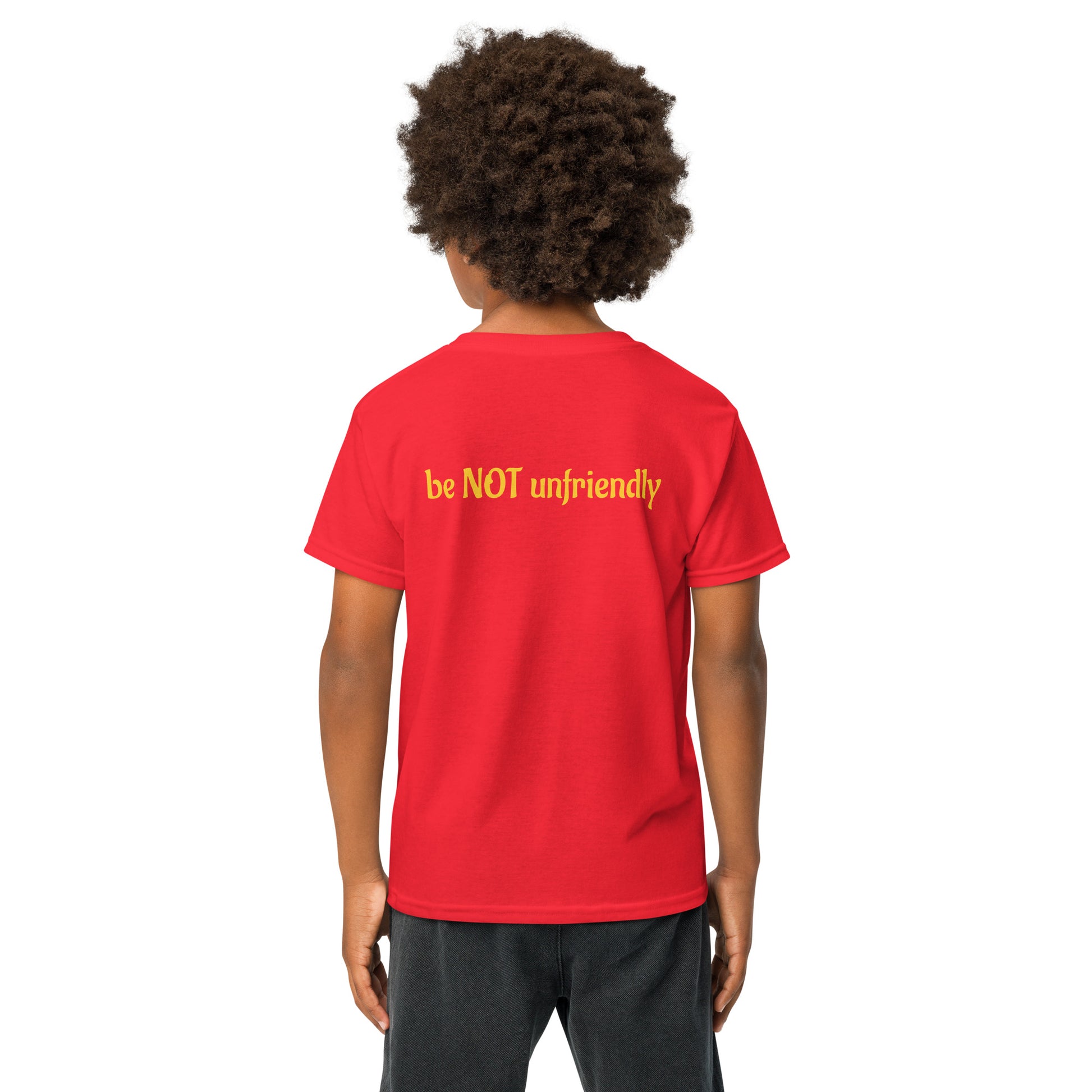 Person wearing a red t-shirt on a white background